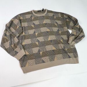 Cellinni Sweater Mens 2XL Tan Geometric Print Wool Blend Long Sleeve Knit Vtg